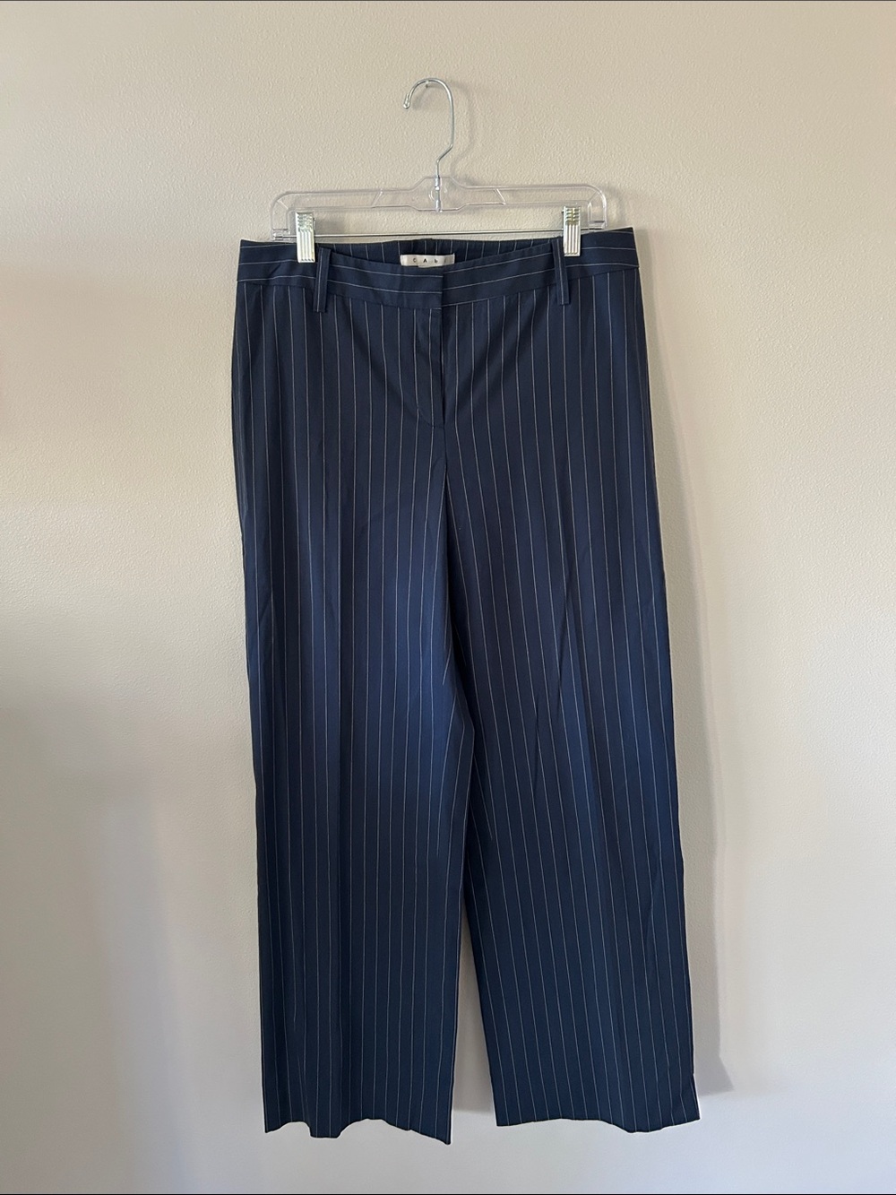 CAbi “Slam Dunk” Navy Pinstripe Wide-Leg Women’s Trousers Size 10